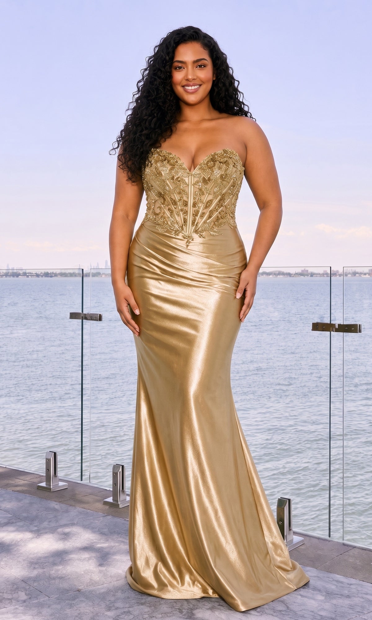 A person wearing a gold Long Plus-Size Prom Dress: Faviana 11607E, a strapless floor-length corset gown with an embellished bodice, standing on a waterfront balcony.